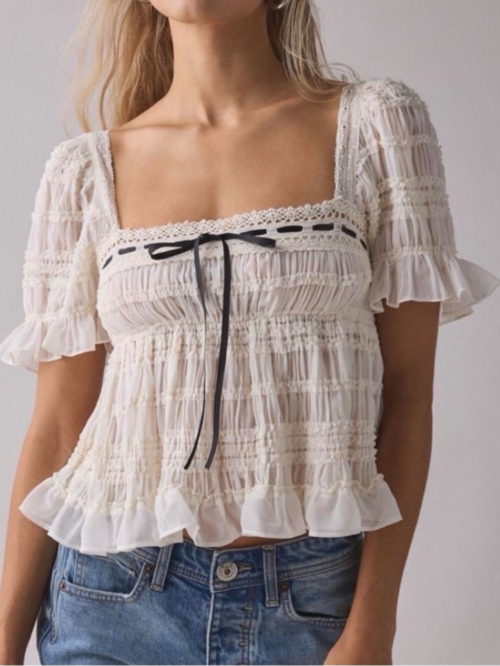 Kimchi Blue Cream Frilly Lace Trim Cropped Square Neck Blouse